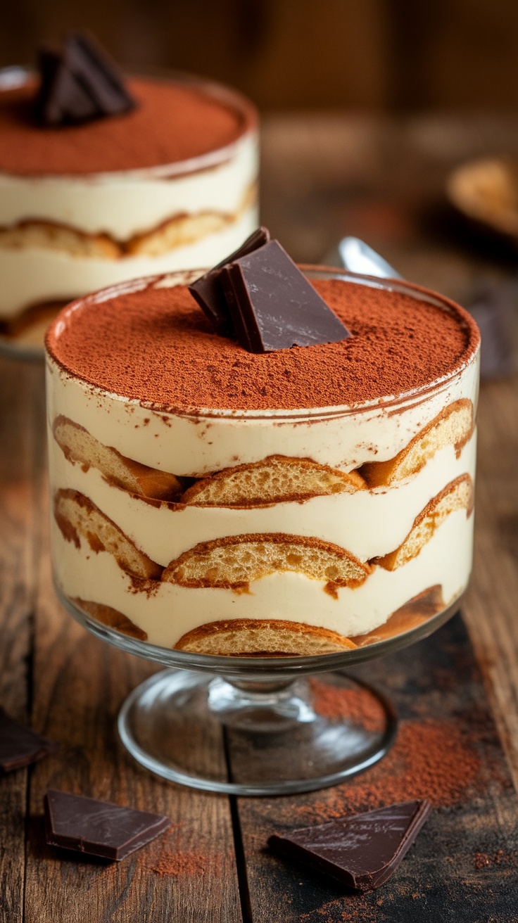 Vegan tiramisu with coffee-soaked ladyfingers and cashew cream, dusted with cocoa powder.