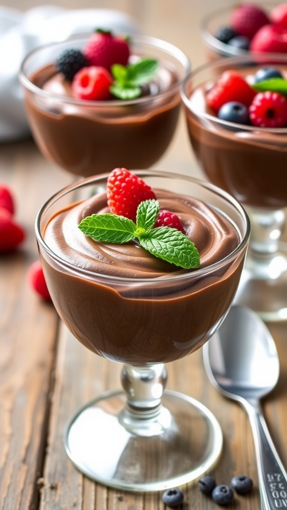 Vegan chocolate avocado mousse in glass cups topped with berries and mint on a wooden table.