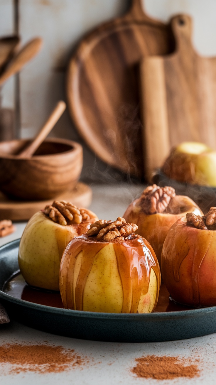 Baked apples with walnuts and cinnamon, drizzled with maple syrup on a rustic wooden table.