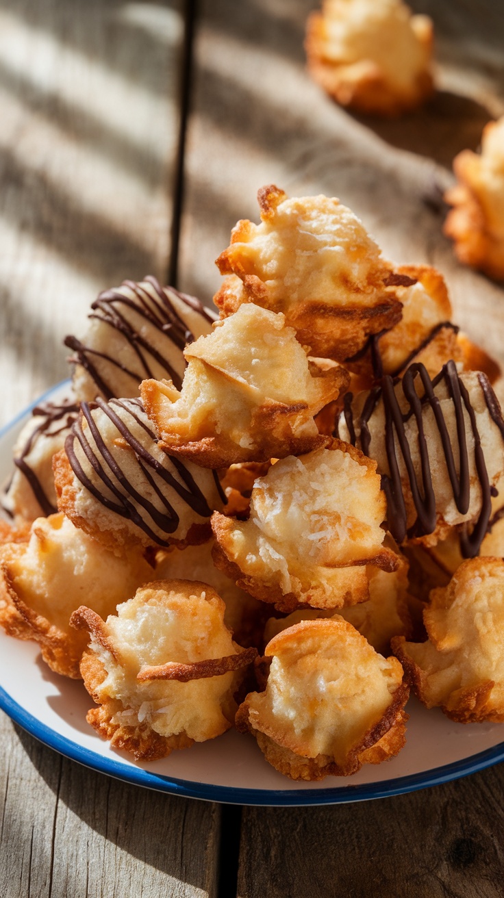 Crispy and Chewy Coconut Macaroons Recipe Golden-brown coconut macaroons with crispy edges and chewy centers, some drizzled with chocolate, on a rustic table.