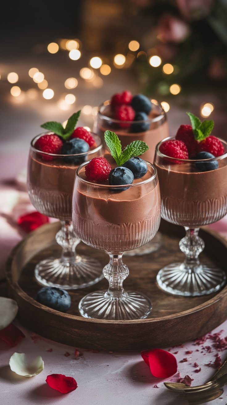 Decadent vegan chocolate mousse in glass cups topped with berries and mint, perfect for Valentine