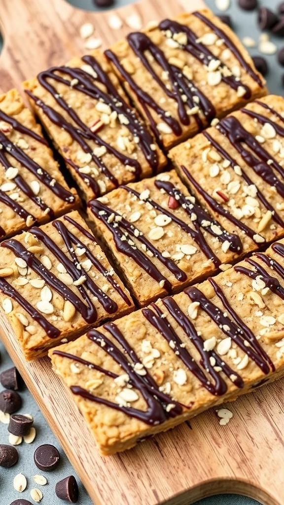 No-Bake Peanut Butter Oat Bars with Dark Chocolate No-bake peanut butter oat bars topped with dark chocolate, on a wooden cutting board surrounded by oats and chocolate chips.