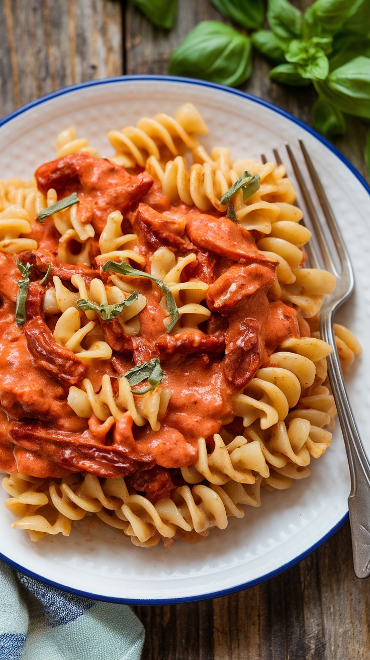 Creamy vegan sun-dried tomato pasta with basil, on a rustic table.