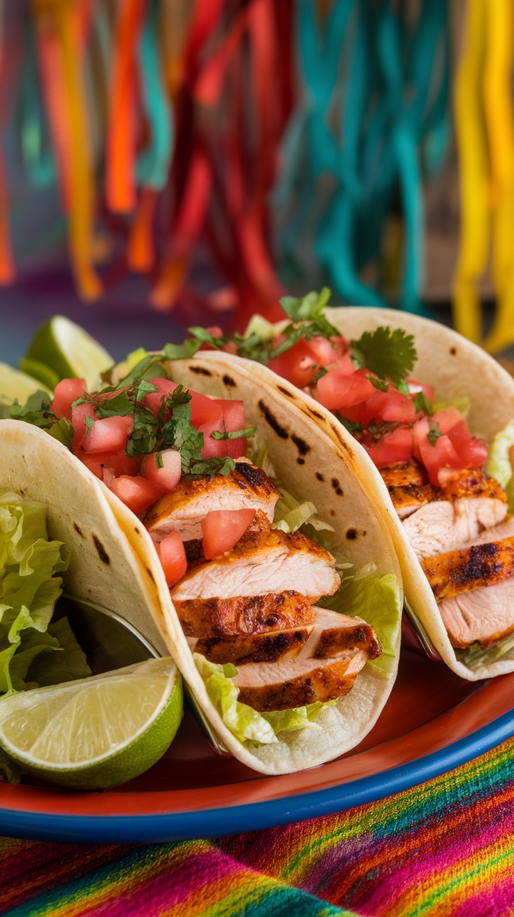 A plate of spicy chicken tacos with lettuce, tomatoes, and cilantro, garnished with lime.