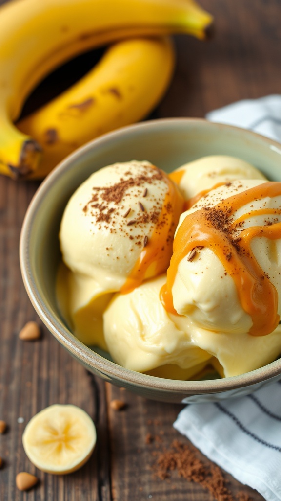 Creamy Banana Nice Cream with Optional Mix-Ins A bowl of banana nice cream topped with cocoa powder and peanut butter on a wooden table with fresh bananas.