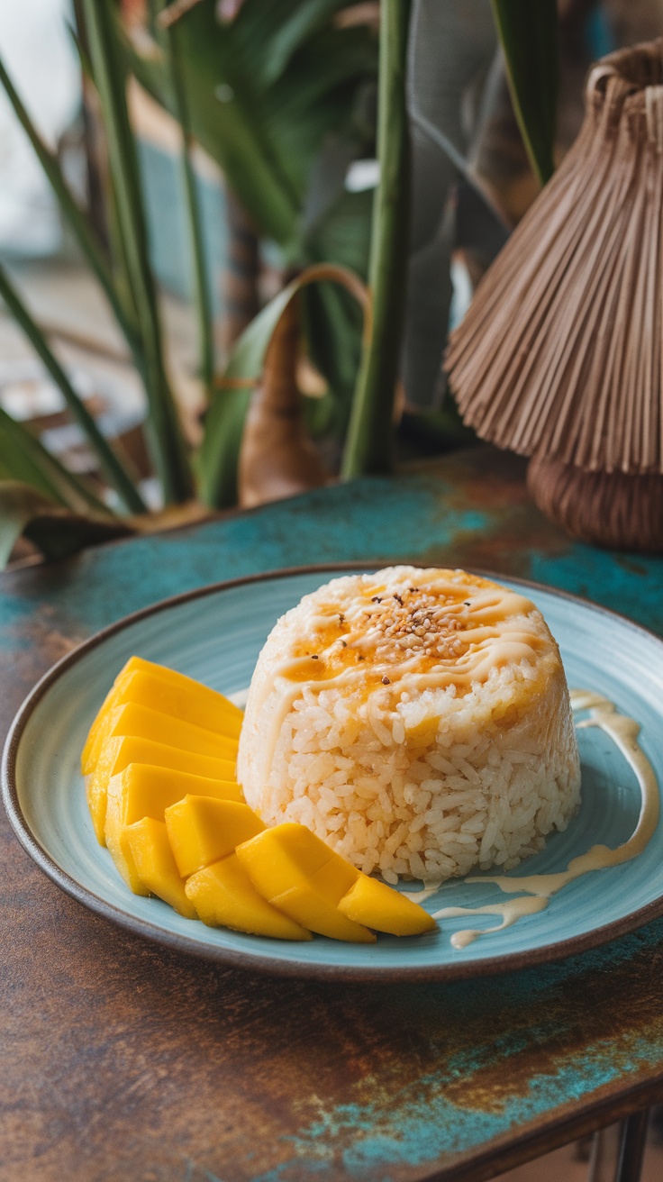 Authentic Thai Mango Sticky Rice Dessert A serving of Thai Mango Sticky Rice with coconut milk sauce and fresh mango slices on a rustic background.