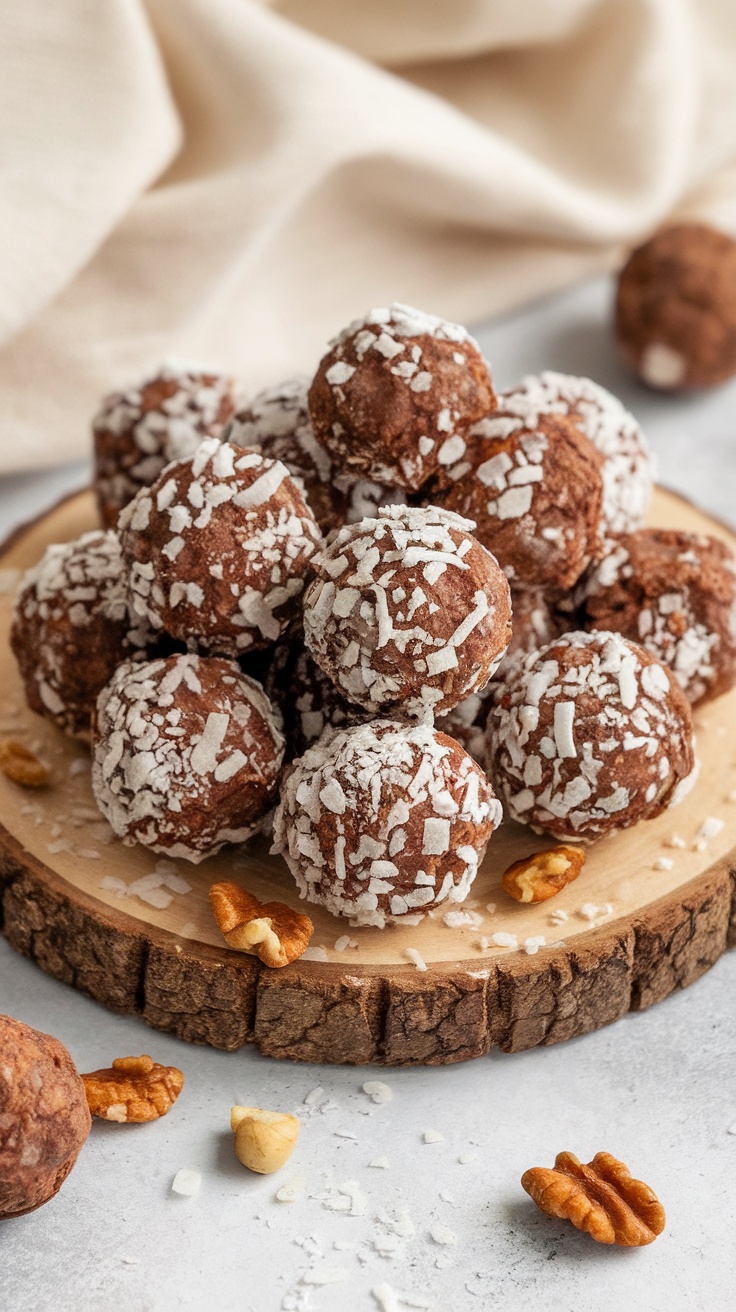 Nutty Cocoa Coconut Raw Vegan Energy Balls A platter of raw vegan energy balls made with dates, nuts, cocoa powder, and coconut flakes, surrounded by scattered nuts.