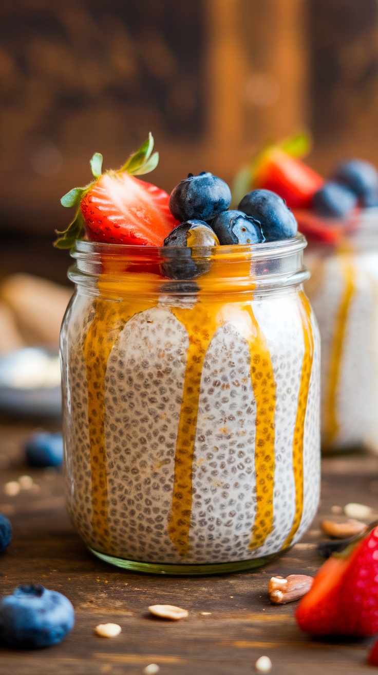 Delicious Chia Pudding with Maple Syrup and Fresh Fruits Chia pudding in a jar topped with fresh fruits and nuts on a wooden table.