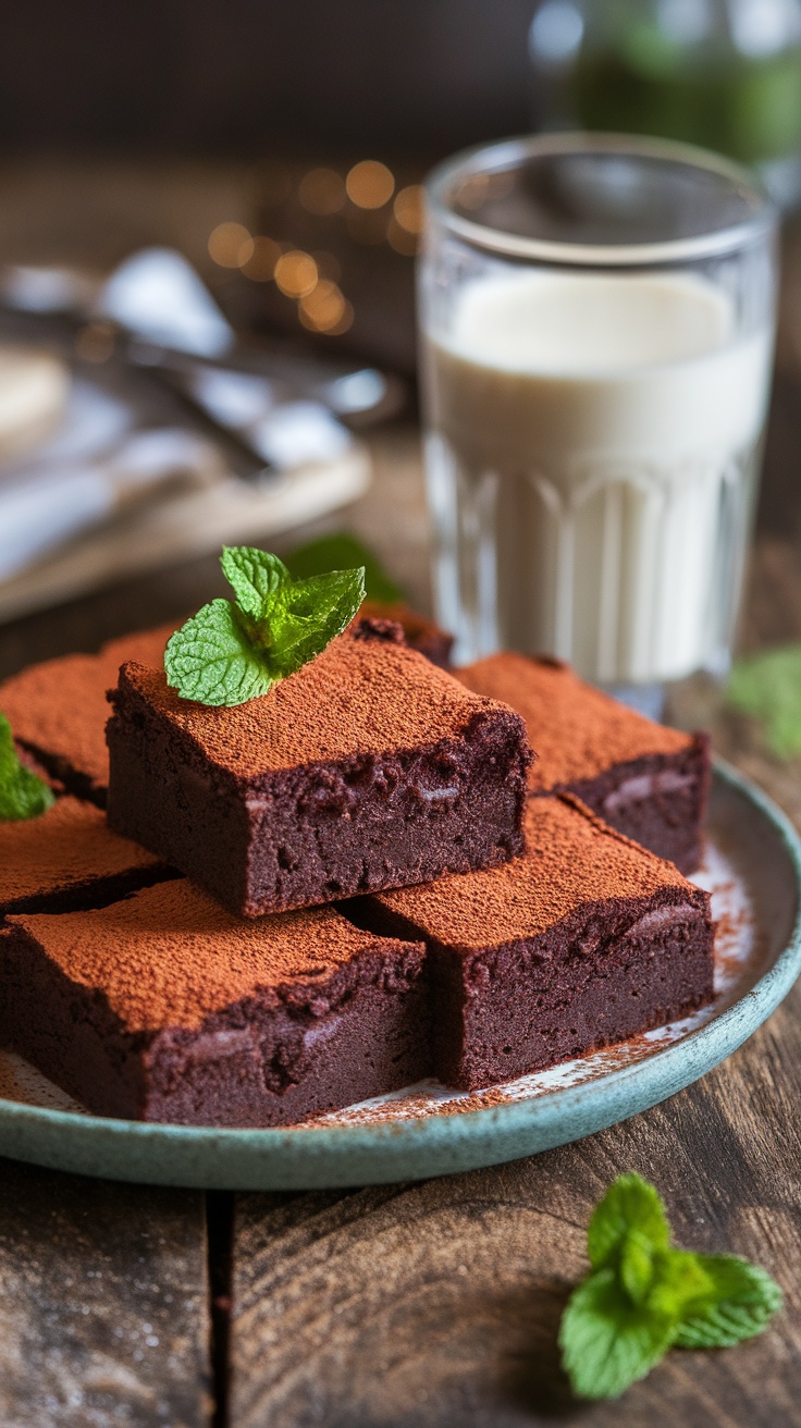 Decadent Vegan Fudgy Brownies Decadent vegan fudgy brownies on a plate, garnished with mint, on a rustic wooden table.