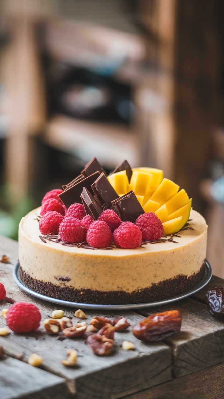 Decadent Vegan Cheesecake with a Date-Nut Crust A luscious vegan cheesecake topped with fresh raspberries and chocolate shavings on a rustic table.
