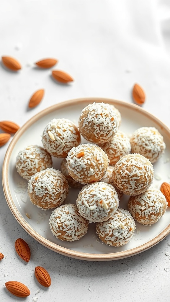 A plate of almond butter energy balls coated with shredded coconut and surrounded by almonds.