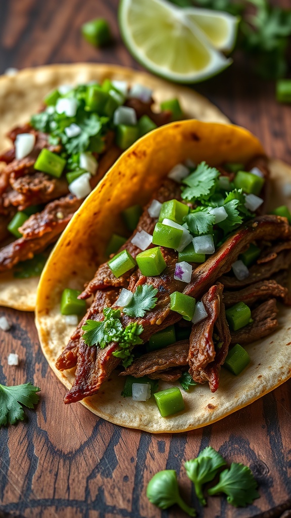 Authentic beef tacos with salsa verde, garnished with cilantro and diced green peppers