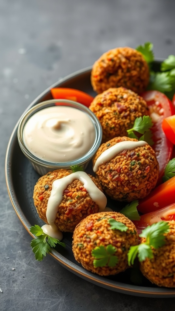 Baked falafel served with tahini sauce and sliced vegetables