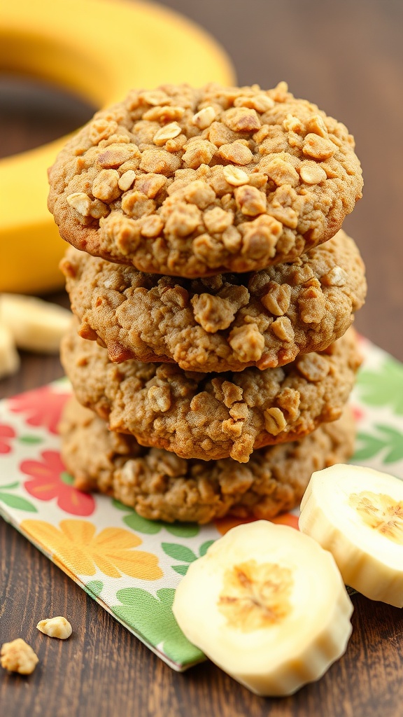 A stack of banana oatmeal cookies with banana slices on the side.