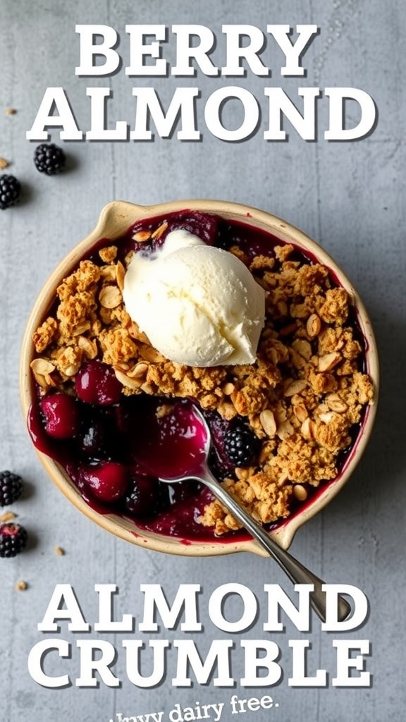 A bowl of Berry Almond Crumble topped with ice cream, showcasing a mix of berries and crunchy almond topping.