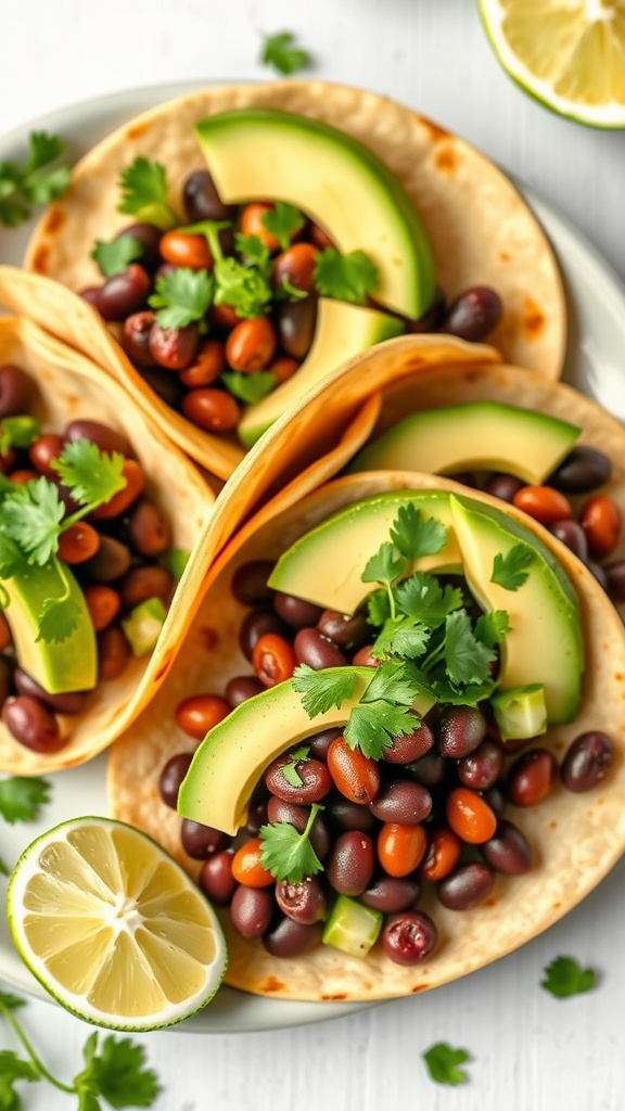Three tacos filled with black beans, avocado slices, and cilantro.