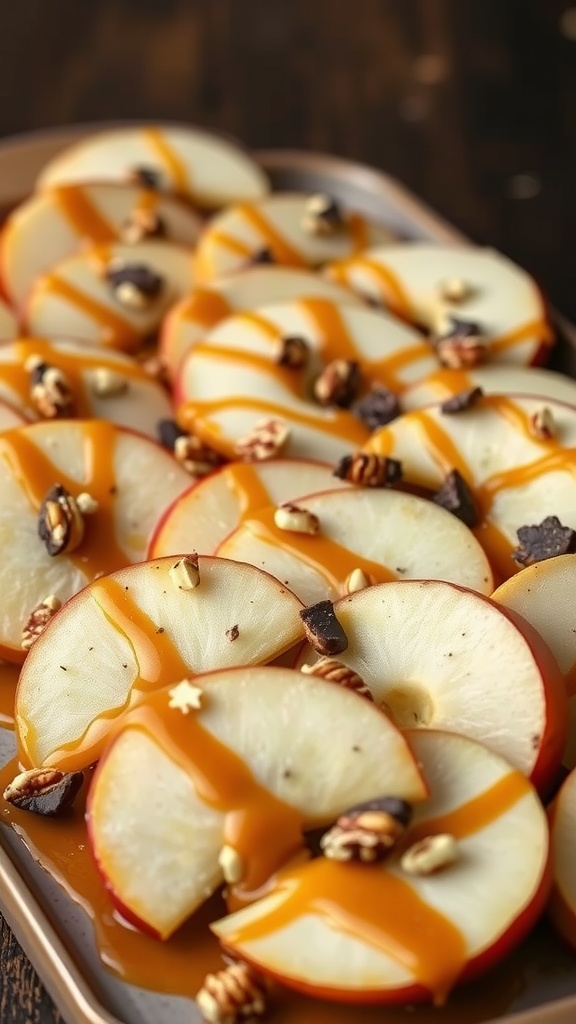 Sliced apples topped with vegan caramel, nuts, and chocolate pieces.