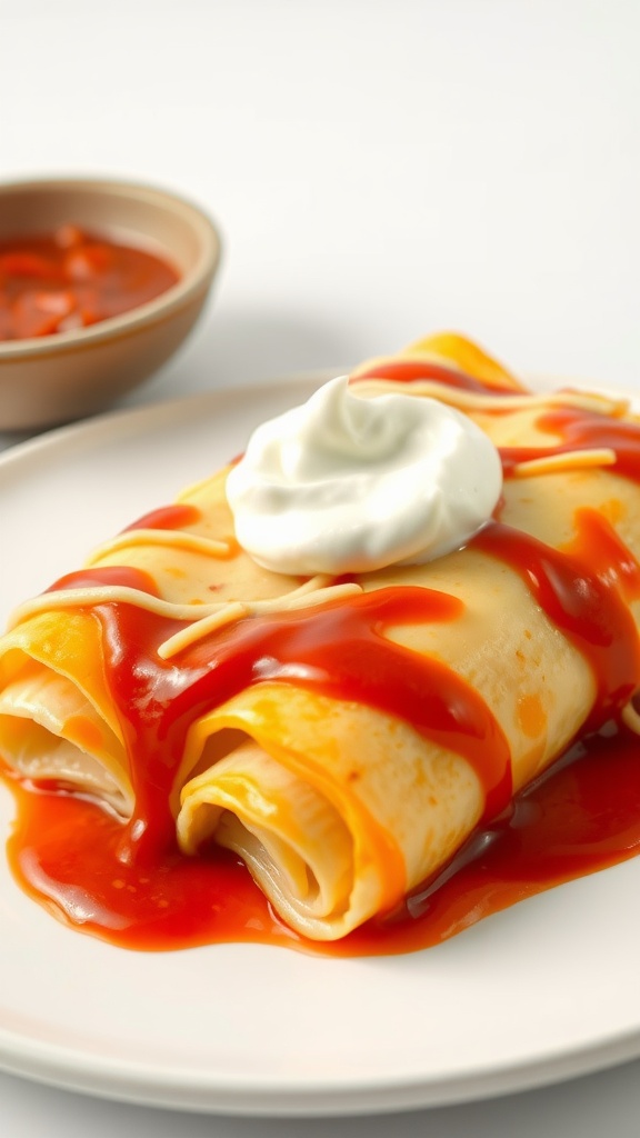 Plate of cheesy enchiladas topped with red sauce and a dollop of sour cream