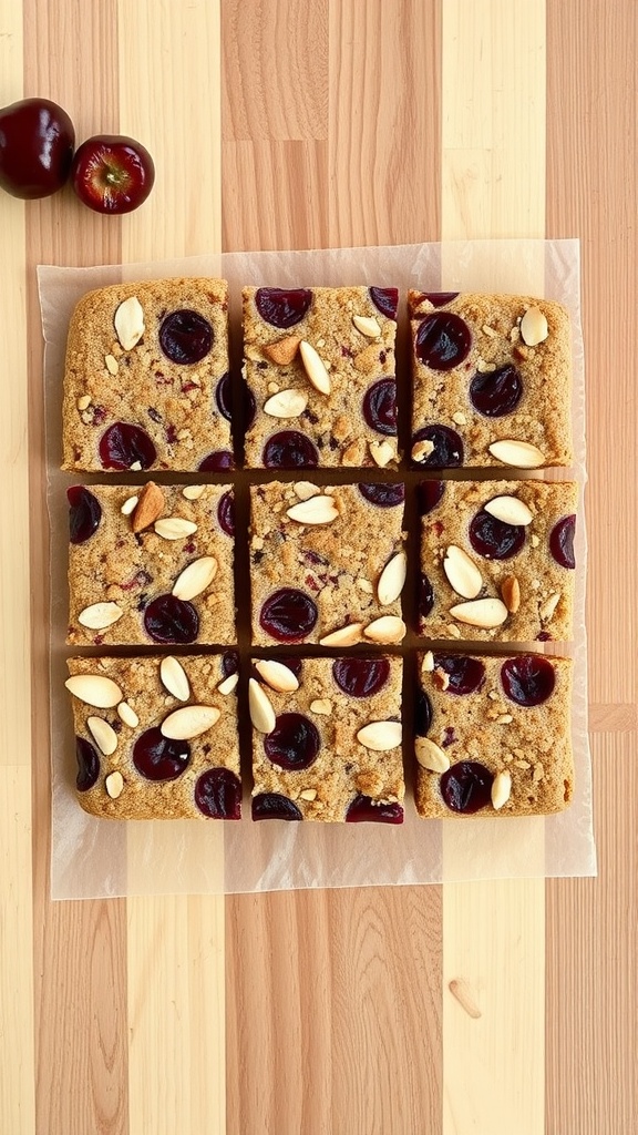 Cherry almond energy bars cut into squares, topped with sliced almonds and fresh cherries.