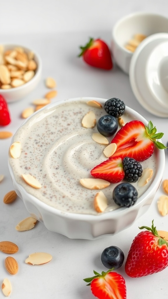 A bowl of chia seed pudding topped with strawberries, blueberries, and almonds.