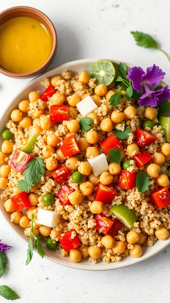 Chickpea and quinoa salad with colorful vegetables and dressing