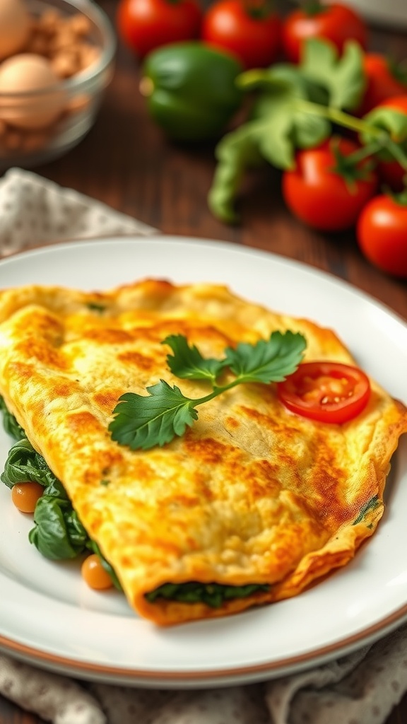 A delicious chickpea flour omelette served on a plate, garnished with a slice of tomato and fresh herbs, with ingredients like tomatoes and peppers in the background.