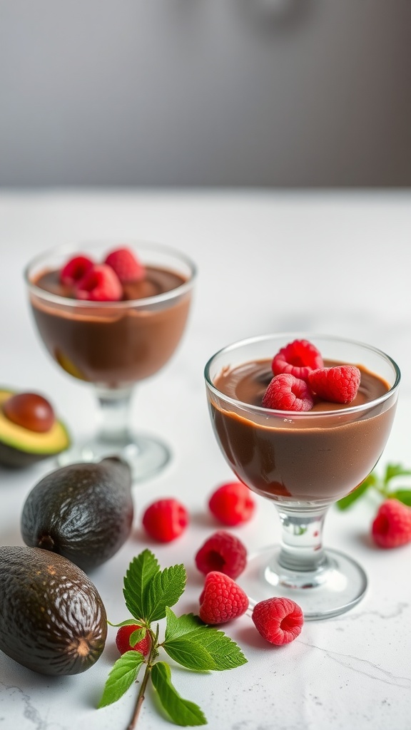 Two glasses of chocolate avocado mousse topped with raspberries, surrounded by avocados and raspberries.