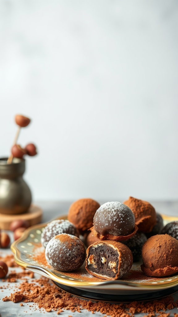 Plate of chocolate hazelnut truffles dusted with cocoa powder and sprinkled with hazelnuts.