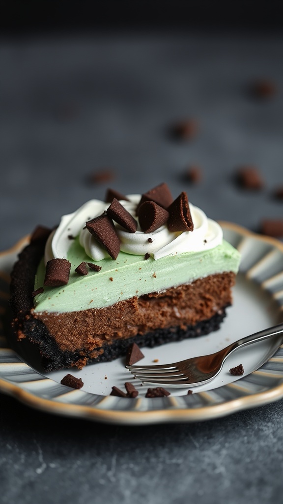 A slice of chocolate mint pie topped with whipped cream and chocolate shavings