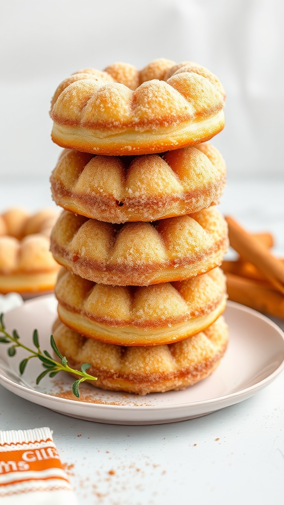 A stack of golden cinnamon sugar donuts on a plate with a sprinkle of cinnamon and greenery.