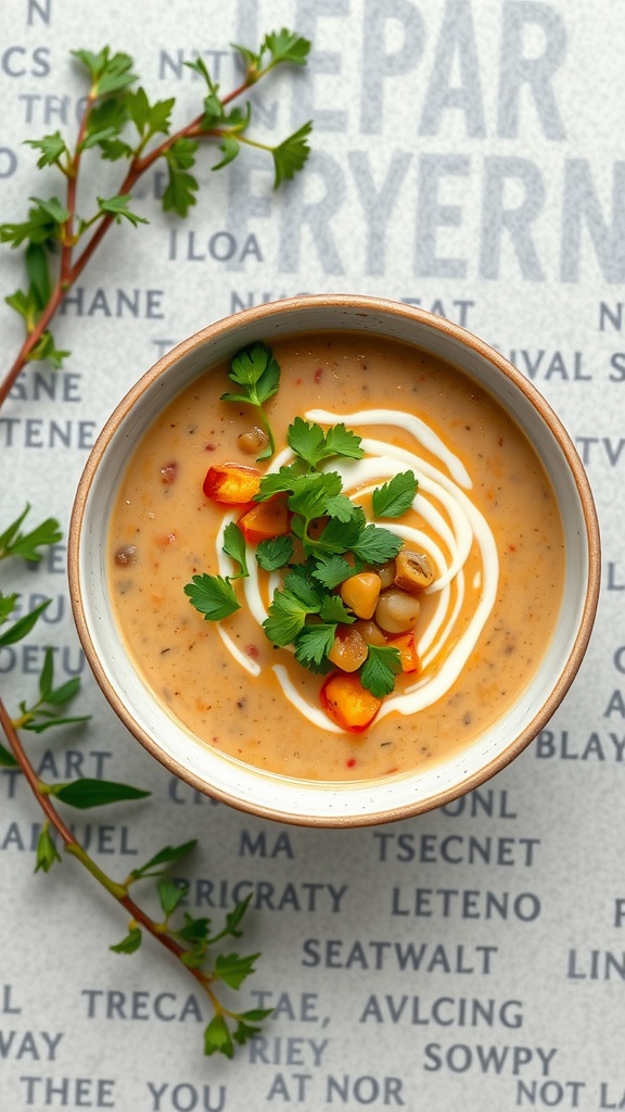 A bowl of coconut and lentil soup garnished with fresh herbs and bits of corn.
