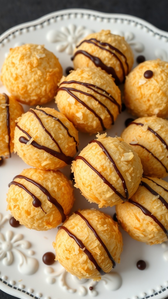 A plate of coconut macaroons drizzled with chocolate.