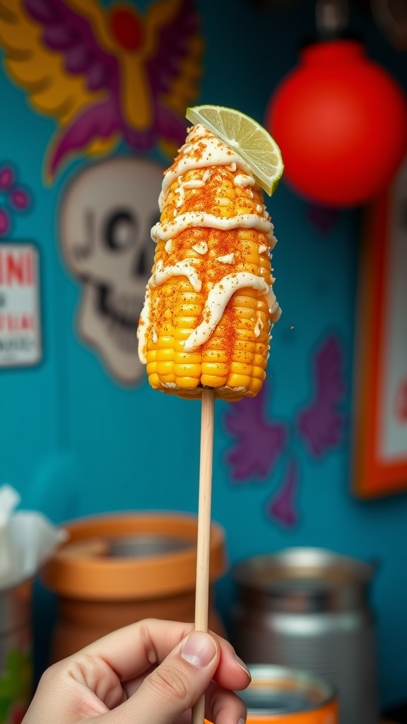 A hand holding corn elote topped with creamy sauce, chili powder, and a lime wedge, set against a colorful background.