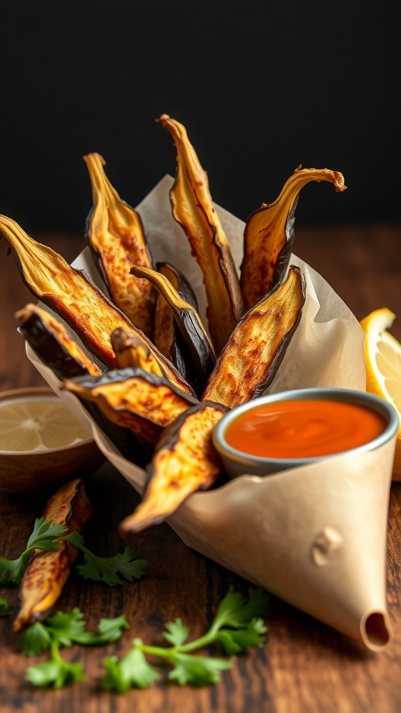 Crispy baked eggplant fries served in a cone with dipping sauce and garnished with lemon and cilantro.