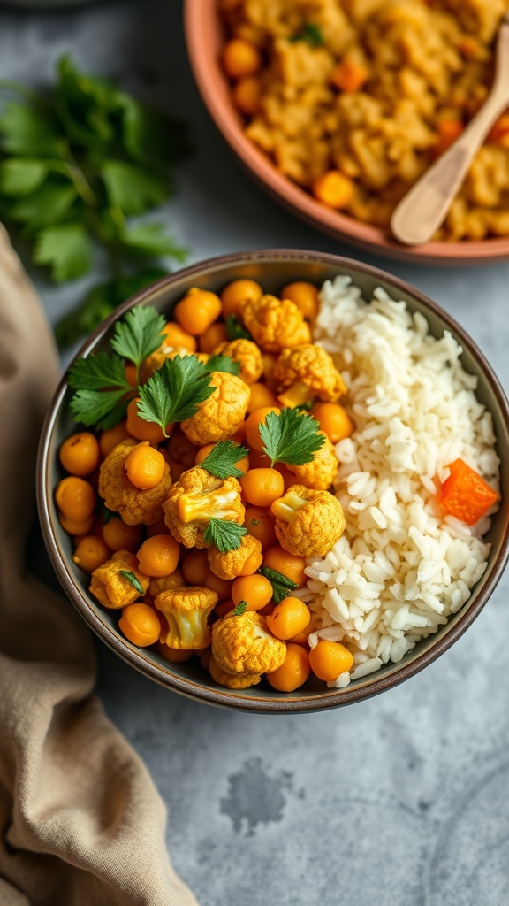 A bowl of curried cauliflower and chickpeas served with rice, garnished with parsley.
