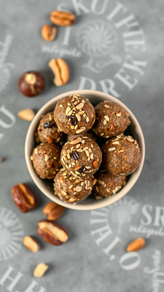 A bowl of date and nut energy balls with nuts scattered around.