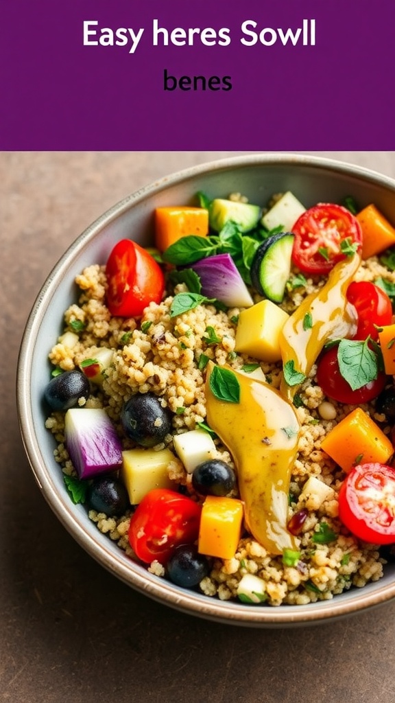 A colorful bowl of herbed quinoa mixed with various vegetables and a drizzle of sauce.