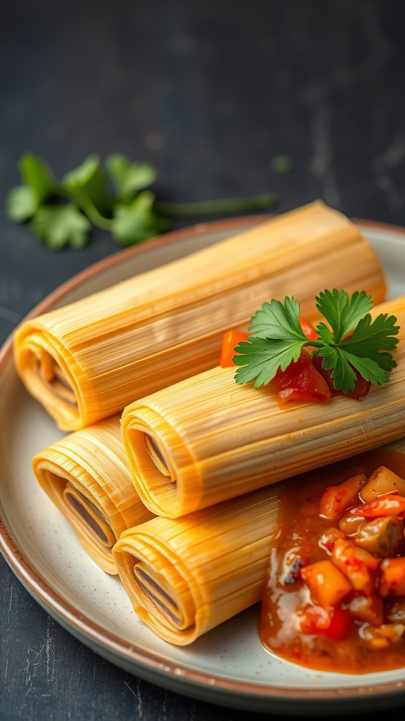 Three tamales wrapped in corn husks on a plate with salsa and cilantro.