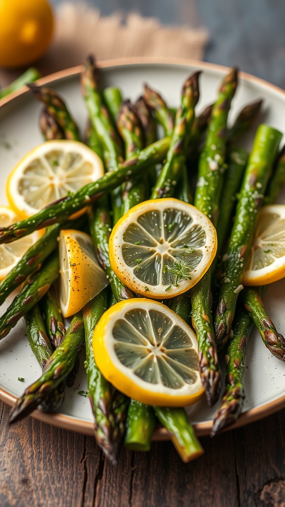 Grilled asparagus with lemon slices on a plate