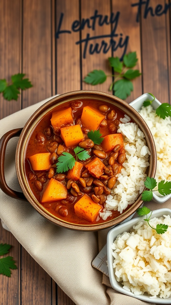 A bowl of lentil and sweet potato curry with rice, garnished with cilantro.