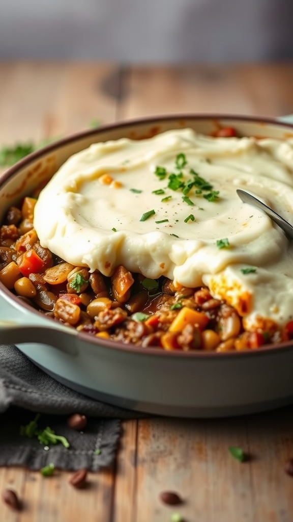 A delicious lentil and vegetable shepherd's pie with creamy mashed potatoes on top.