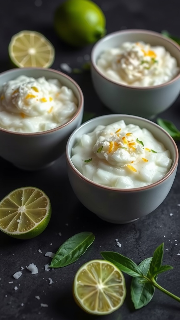 Three bowls of lime coconut rice pudding garnished with lime and basil.