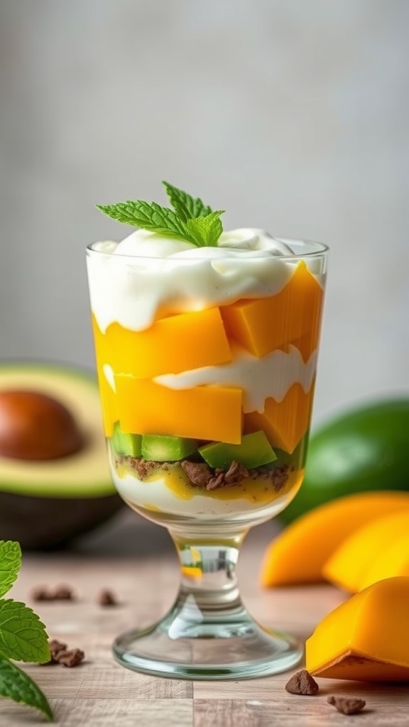 A vibrant Mango Avocado Parfait in a glass, featuring layers of mango, avocado, and cream, garnished with mint.