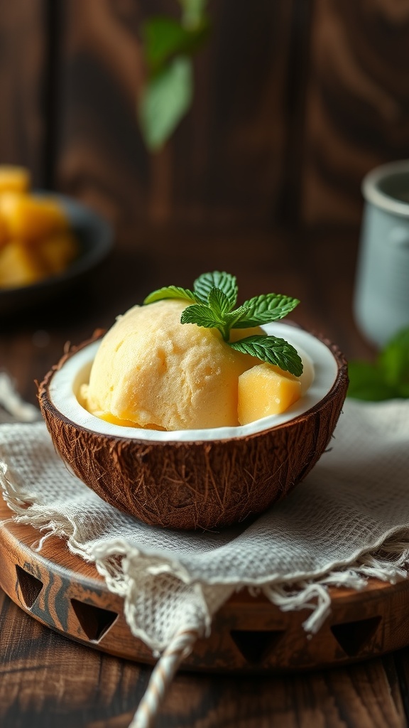 A bowl of mango coconut sorbet garnished with mint leaves, served in a coconut shell.