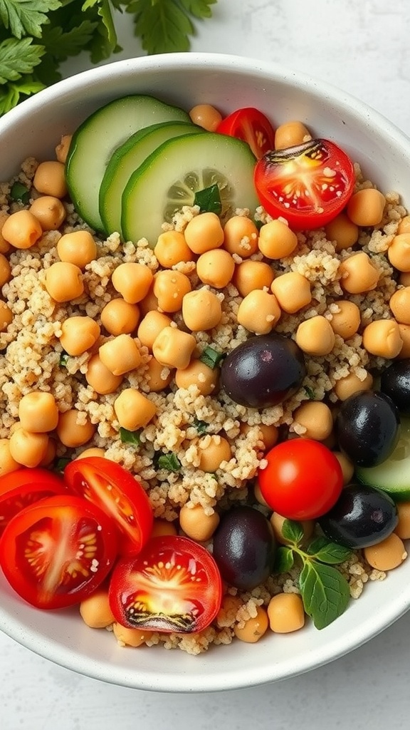 A colorful Mediterranean quinoa bowl with chickpeas, cucumber, cherry tomatoes, and olives.