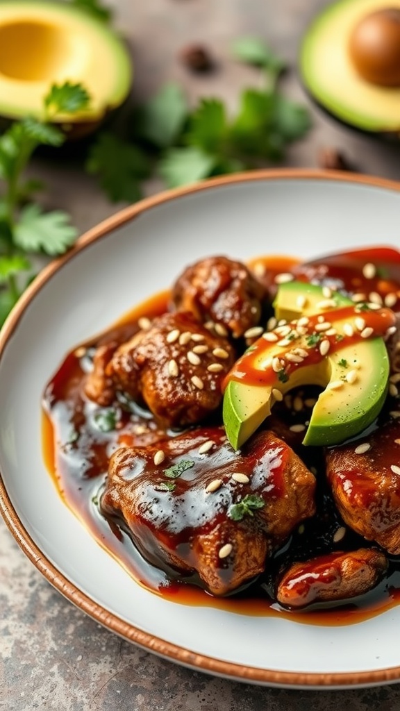 A plate of chicken covered in mole sauce, garnished with avocado slices and sesame seeds.