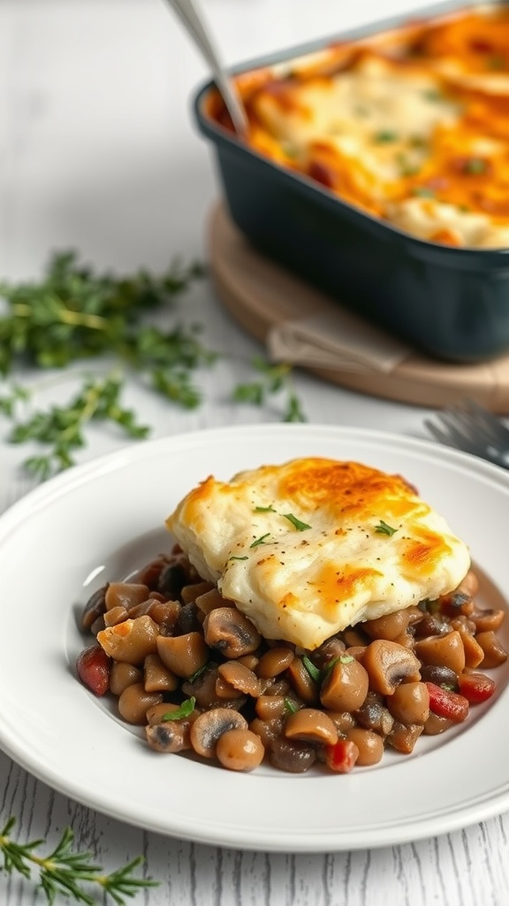 A plate of Mushroom and Lentil Shepherd's Pie served with a creamy mashed potato topping.