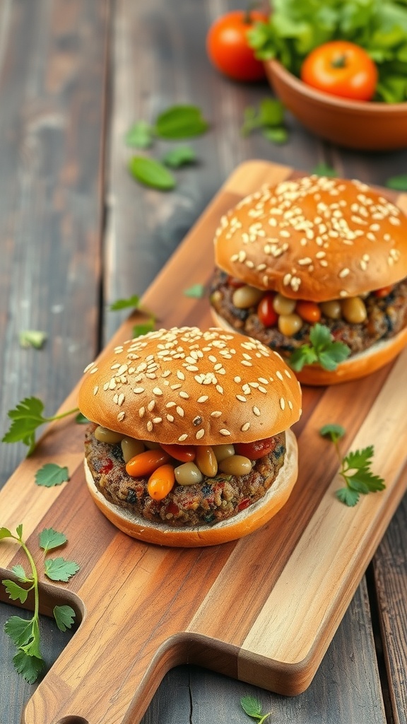 Two delicious veggie burgers with sesame seed buns and colorful toppings on a wooden cutting board.