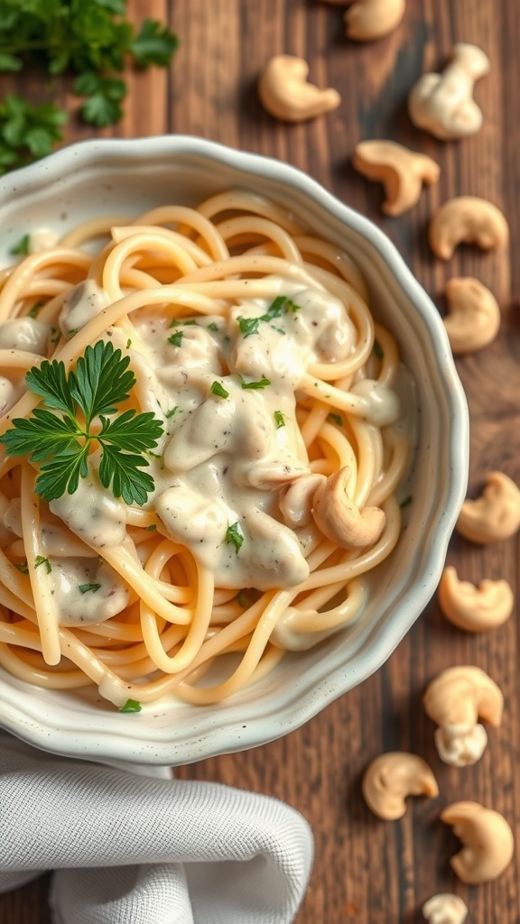 Bowl of pasta with creamy cashew Alfredo sauce and cashew nuts on a wooden table