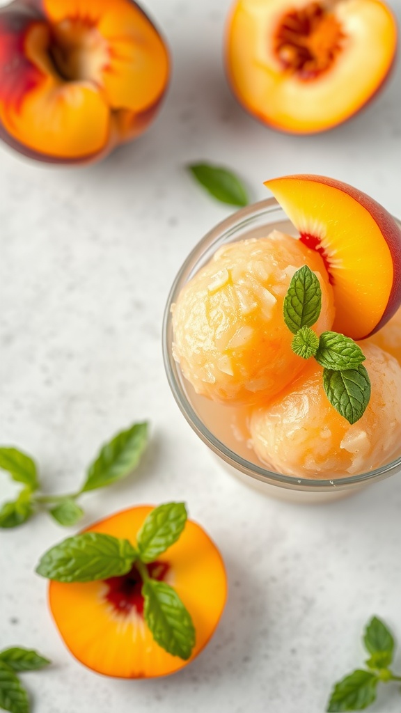 A glass of peach sorbet garnished with mint leaves, surrounded by fresh peaches on a light surface.